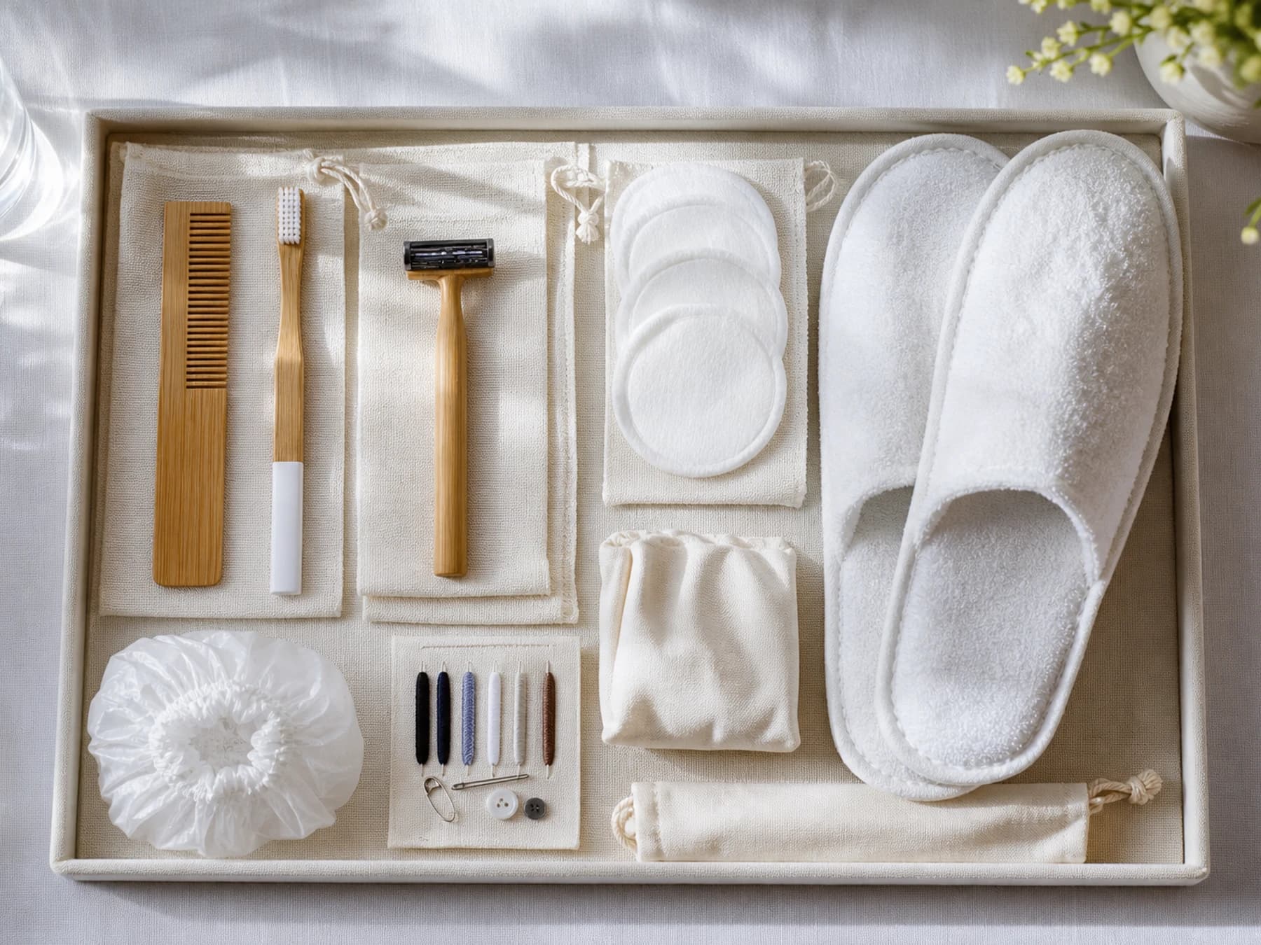 A full in-room amenity programme laid out for hospitality buyers