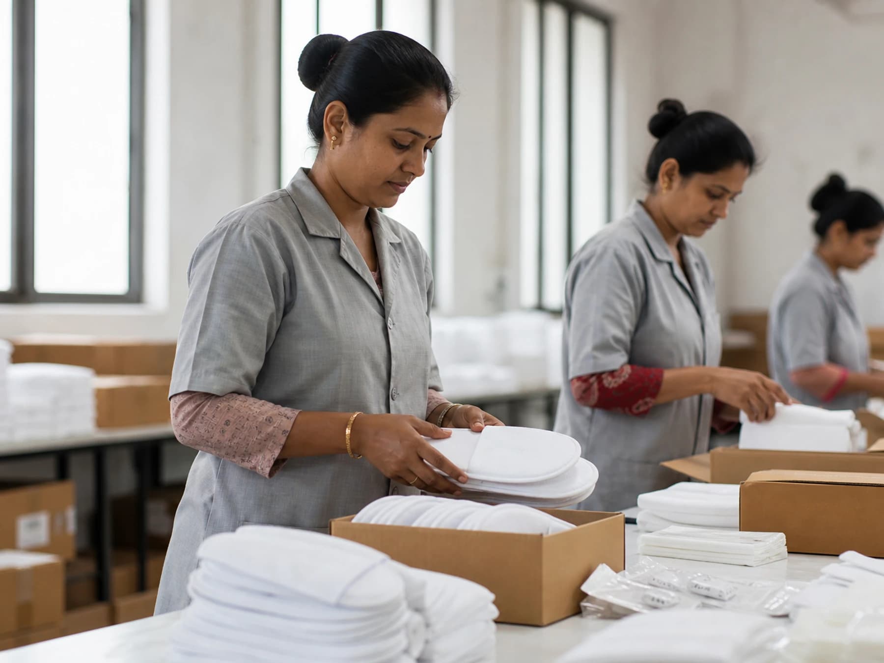 Alamban team packing hotel amenity kits in the Ahmedabad workshop